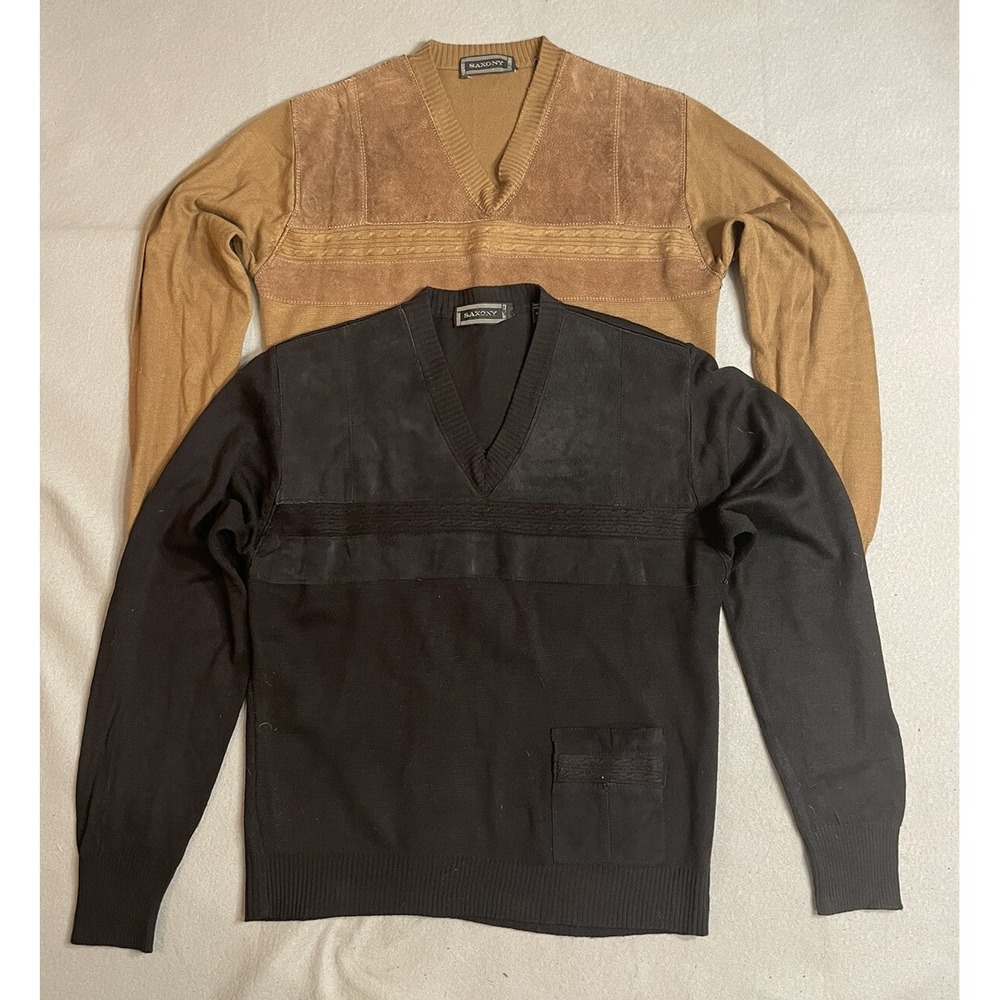 Vintage Saxony Leather Suede Funky Grandpa Sweater Matching Set Of 2 Size L